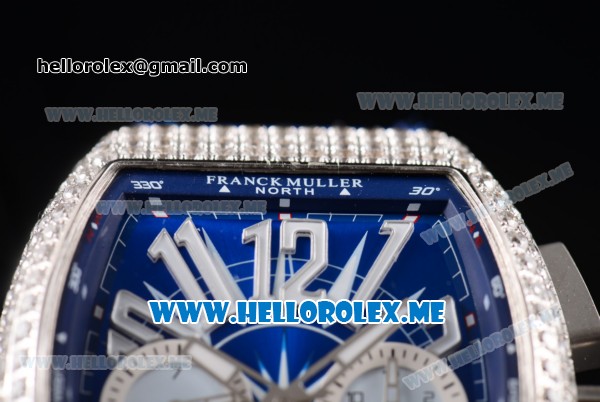 Franck Muller Vanguard Miyota OS20 Quartz Steel Case with Blue Dial Blue Leather Strap Arabic Numeral Markers and Diamonds Bezel - Click Image to Close